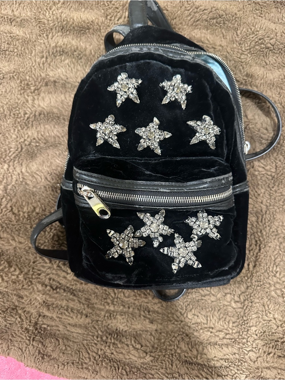 Cynthia Rowley Black Velvet Mini Backpack with Crystal Star Embellishments
